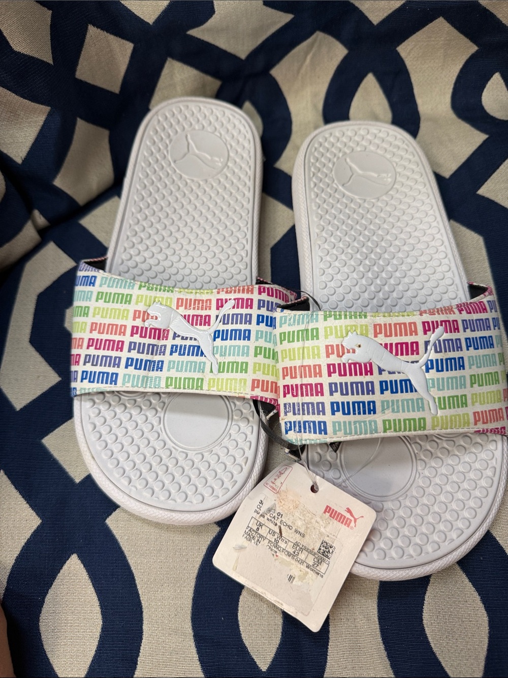 Puma White Kids Slide Sandals with Rainbow Logo Strap